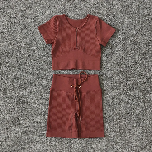 Seamless Women Yoga Set Workout Sportswear Gym Clothing Zipper Long Sleeve High Waist Leggings Fitness Bra Athletic Sports Suits ShirtsShortsBrown