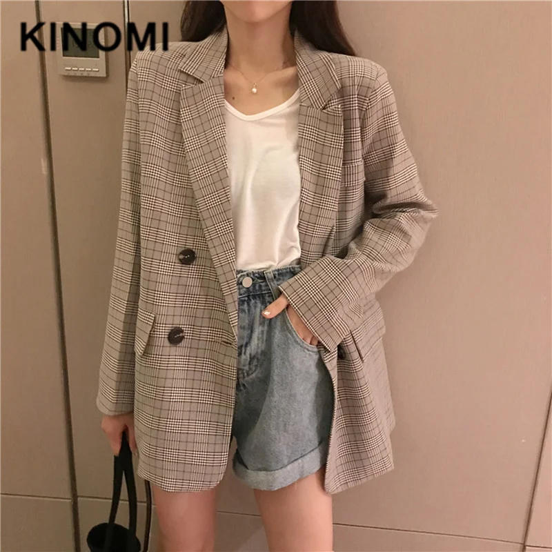 KINOMI Винтажный клетчатый однобортный женский пиджак с длинным рукавом и карманом, женские куртки, пальто для женщин