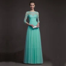 NBS034 кружевное зеленое вечернее платье Длинное Элегантное Деловое платье 3/4 рукав ТРАПЕЦИЕВИДНОЕ праздничное платье для девочек длинные платья для выпускного бала