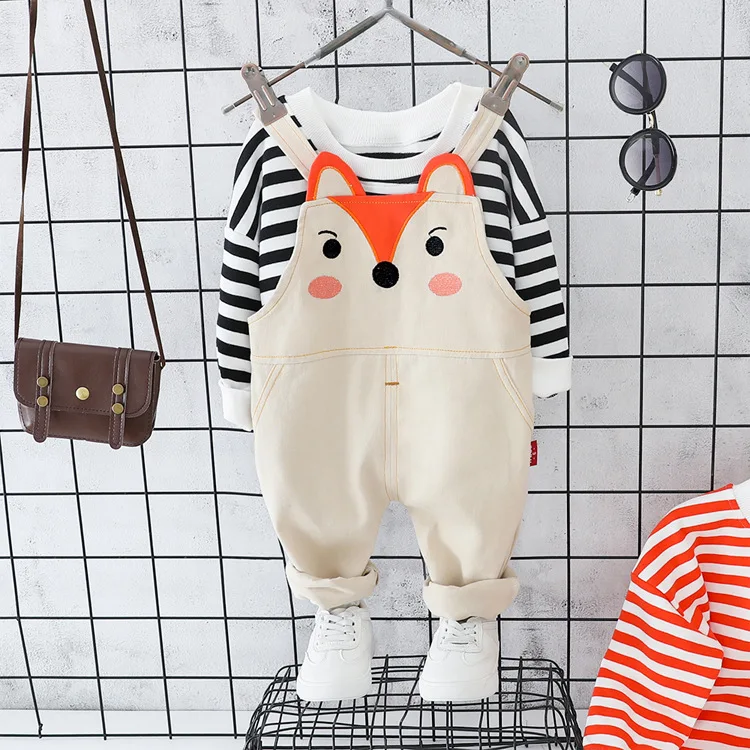 Bebek/ осенний Детский костюм с брюками для маленьких девочек детская одежда в полоску с изображением маленькой лисы модный костюм из двух предметов со штанами