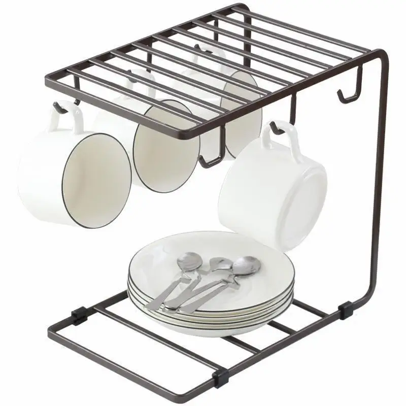  Guo shop Organizador de tazas de té y café con bandeja de  almacenamiento, juego de 6 tazas de café, estante de madera para árbol con  6 ganchos de almacenamiento, : Hogar