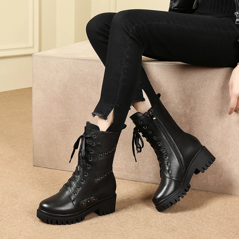 European American round dot women's boots Genuine leather middle heel 5cm round head Martin boots comfortable women's winter