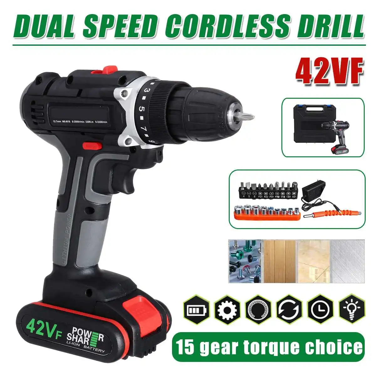 

Doersupp 42V 7500mAh Multifunctional Electric Drill Dual Speed Cordless Power Screwdriver Set with Li-ion Battery Power Tools