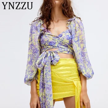 

YNZZU Floral Print Tie Hem Crop Wrap Top Women 2020 Spring V-neck Lantern Sleeve Slim Fit Beach Blouse Shirt Women Tops AT477