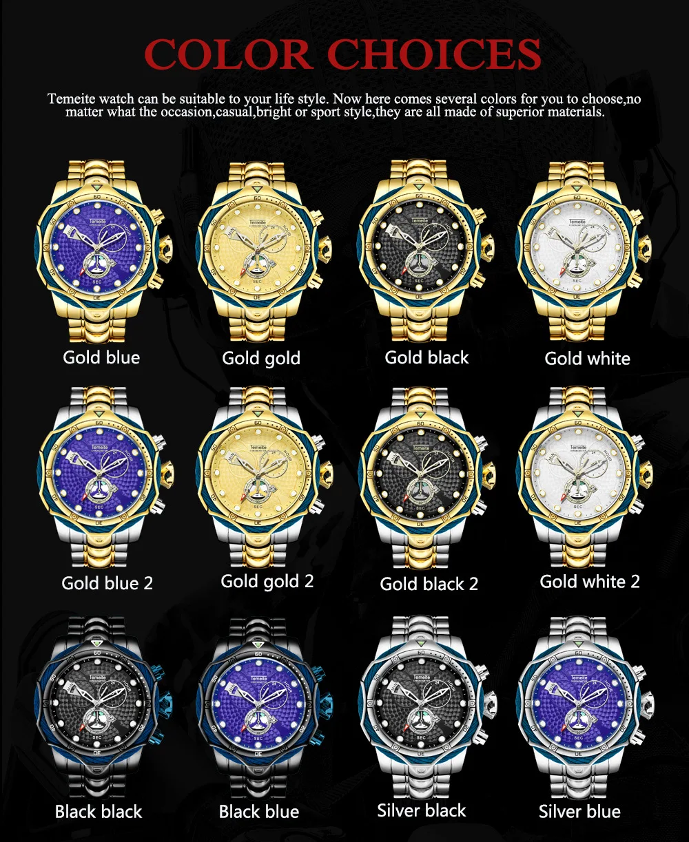 TEMEITE Брендовые мужские часы с большим циферблатом роскошные мужские наручные кварцевые часы из нержавеющей стали водонепроницаемые мужские часы с украшением