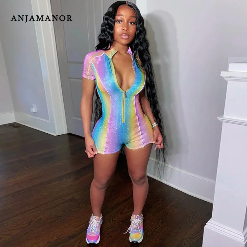 ANJAMANOR-monos deportivos de arcoíris Tie Dye para mujer, trajes de Club sexys con purpurina y cremallera con escote en V, D16-CD15, 2020