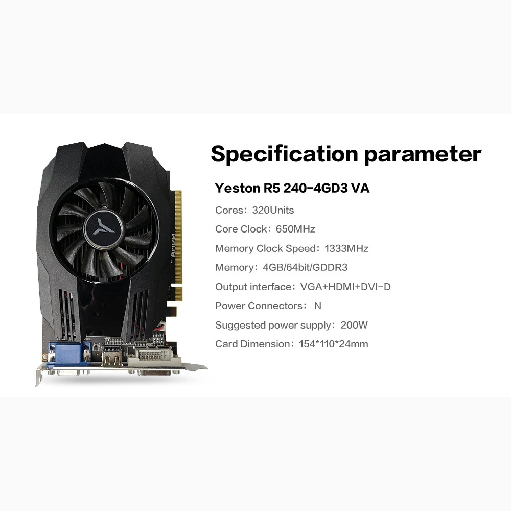 Yeston Gaming Desktop PC Video Graphics Cards Radeon R5 240 GPU 4GB GDDR3 64bit support VGA/DVI-D/H