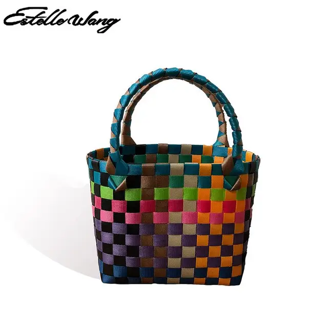 2020 New Small Square Bag For Women And Girls Colorful Mini Woven Vegetable Basket Straw Woven Bag Manual Plastic Woven Bag