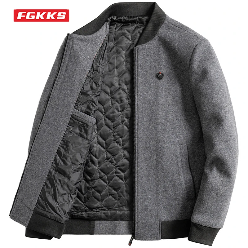 FGKKS Autumn Winter New Men's Fashion Thick Jacket Woolen Cotton Padded Stand Collar Coat Business Casual Trendy Jacket Male men's coats & jackets