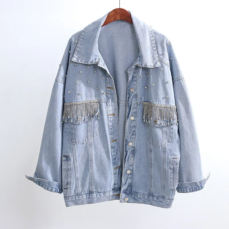 

Harajuku Beaded Diamond Tassel Washed Light blue Denim jacket Women Autumn 2020 Korean Vintage Oversized Fashion Ropa para mujer