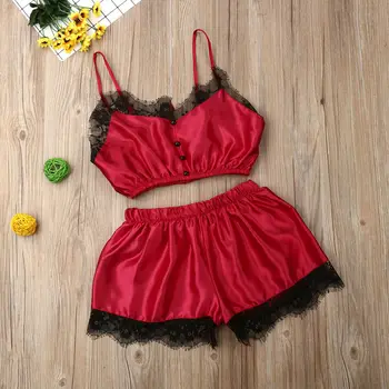 

Women Satin Lace Mesh Sleepwear Babydoll Lingerie Nightwear Shorts Pjs Pyjamas Sexy Women soft clothes set V neck Sleeve vest