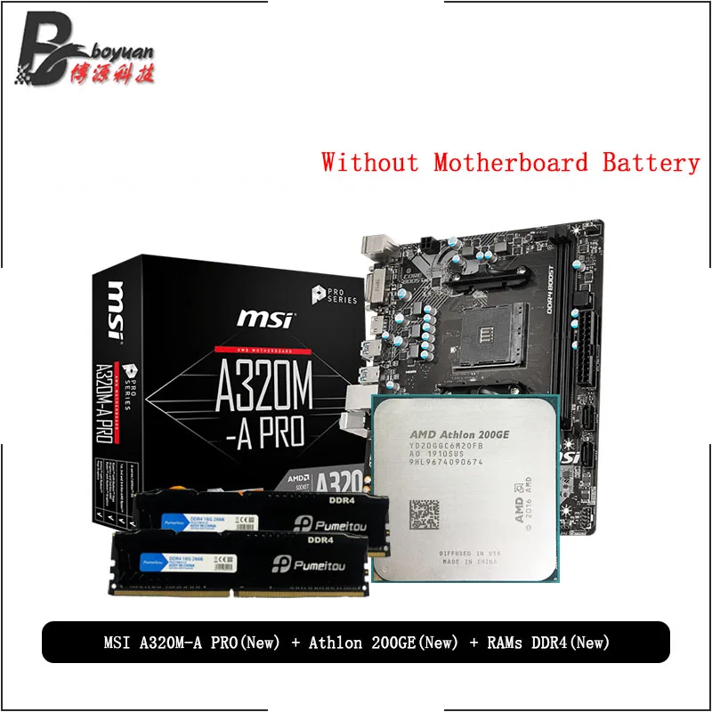 AMD Athlon 200GE CPU + MSI A320M A PRO Материнская плата Pumeitou DDR4 2666MHz RAMs Suit Socket AM4 без