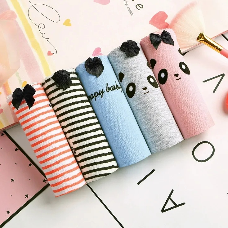 1 PCS 5 Styles Cute Women Striped Panda Letter Bowknot Cotton Briefs Underwear Panties For Girls |