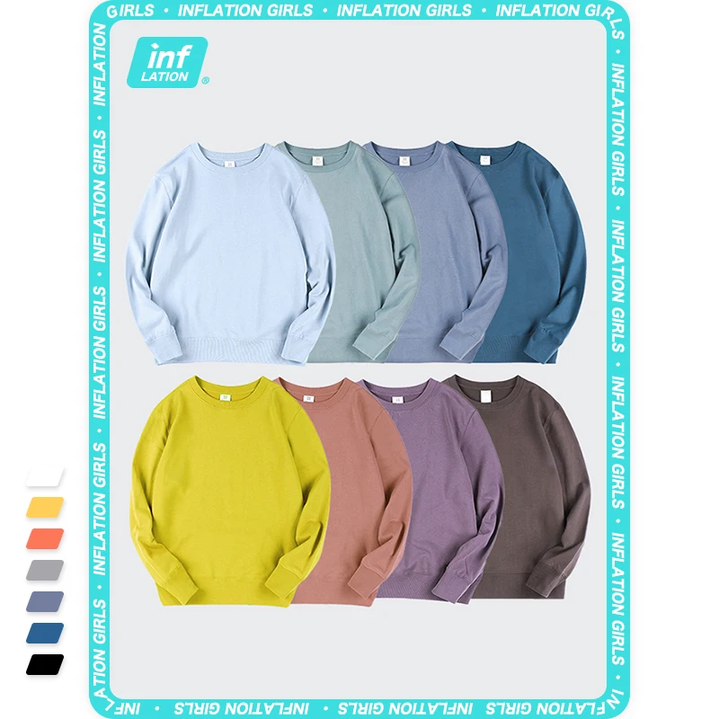 INFLATION 2021 New Crewneck Sweatshirts Woman Solid Color Pullovers Unisex Casual 100% Cotton Female | Женская одежда