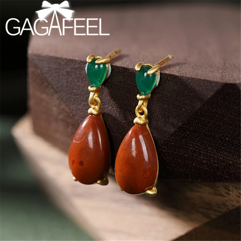 GAGAFEEL, золотые серьги в форме капли воды, 925 пробы, серебряные ювелирные изделия, винтажные серьги-подвески, женские серьги из натурального камня