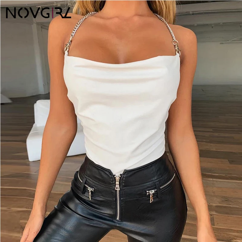 Novgirl/Сексуальное Женское боди с металлической цепочкой и открытой спиной,, без бретелек, основной топ, белый короткий комбинезон, Клубные вечерние комбинезоны