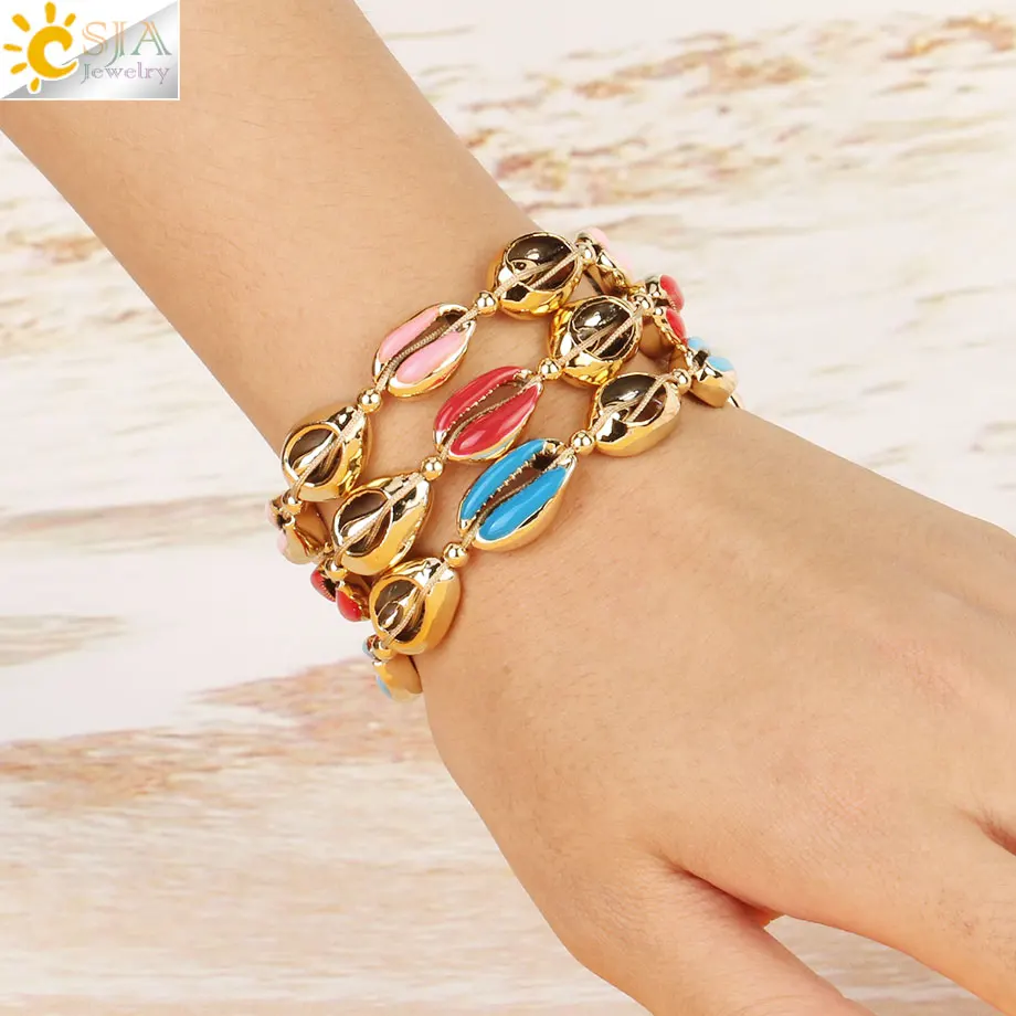 

CSJA Gold Color Cowrie Shell Bracelets for Women Femme Natural Sea Shells Rope 2019 Weaved Bracelet Handmade Beach Jewelry S468