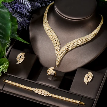 HIBRIDE Beauty Nigeria Wedding Necklace Earring Set Gold Cubic Zirconia Women Party Jewelry parrure bijoux femme mariage N-416