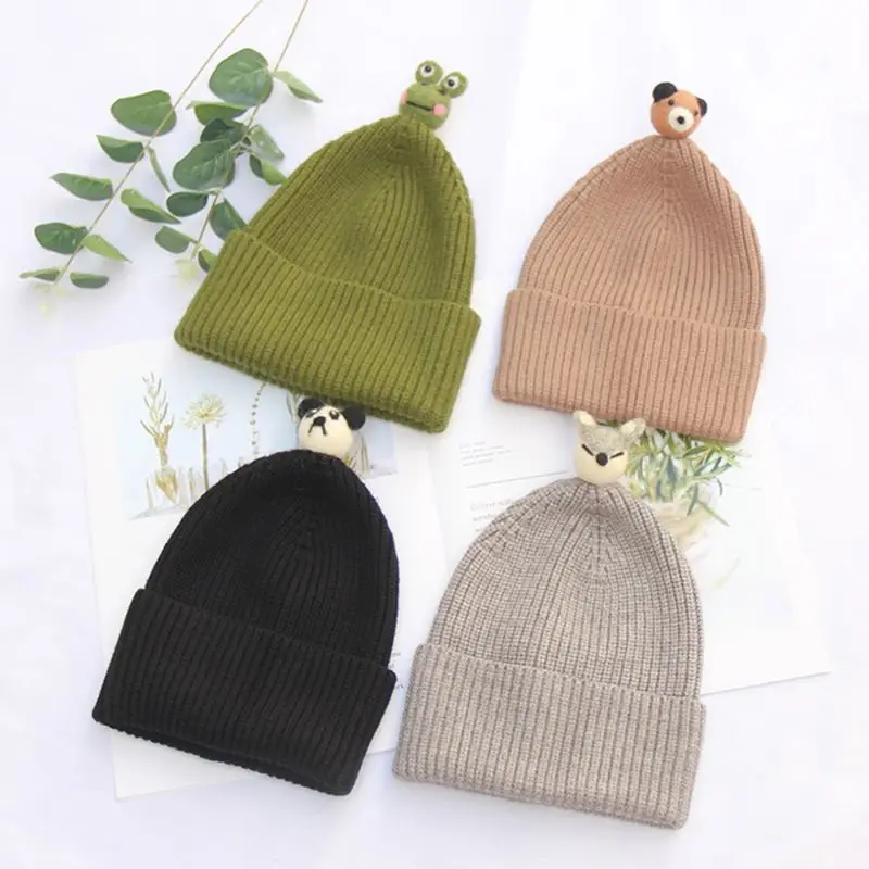 Children Kids Cute Cartoon Kintted Wool Hat Solid Color Winter Casual Outdoor Stretchy Cuffed Cap Keeping Warm Supplies 40JF