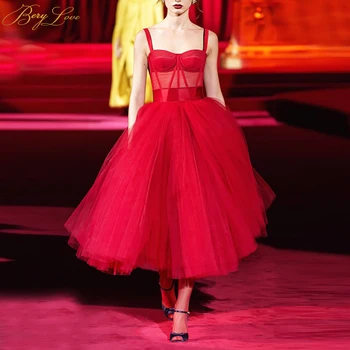

Verngo Simple Evening Gown Red Organza Shoulder Straps Gown Tulle Evening Dress Vintage Formal Dress Sweetheart Elegantes Corset