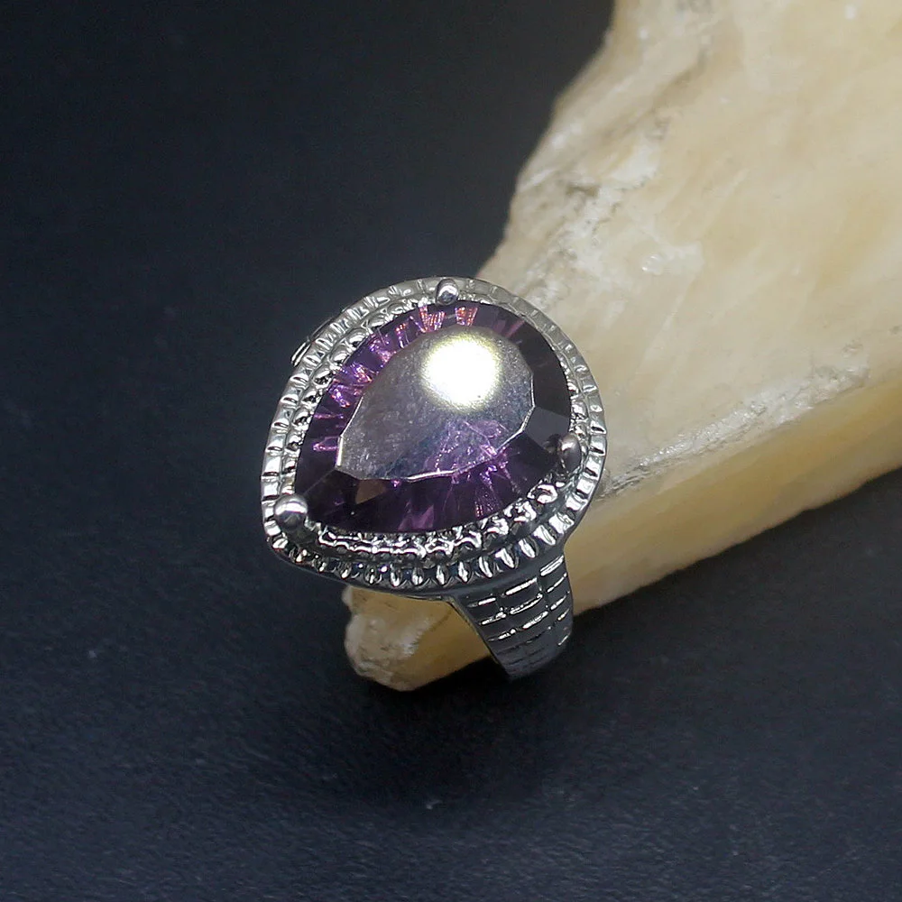 

Hermosa Teardrop Purple Amethyst Charm Genuine 925 Silver Unique Band Ring Wedding Engagement Gifts for Women Size 8# 20214095