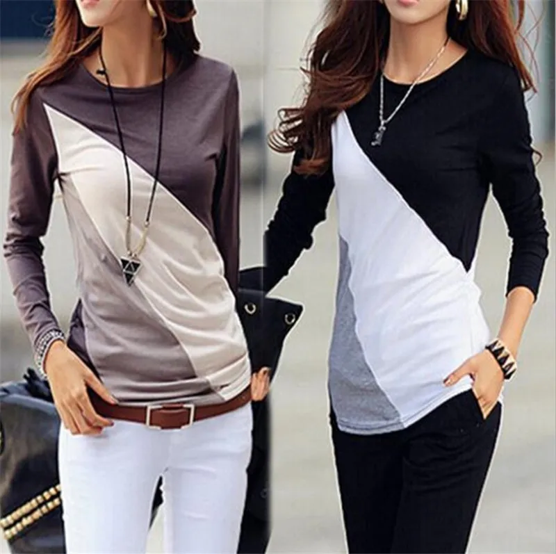 

T Shirt Women Spring Autumn 2019 Casual Women T-shirts O-Neck Long Sleeve Patchwork Color Slim T-Shirt Female Tops T Shirt