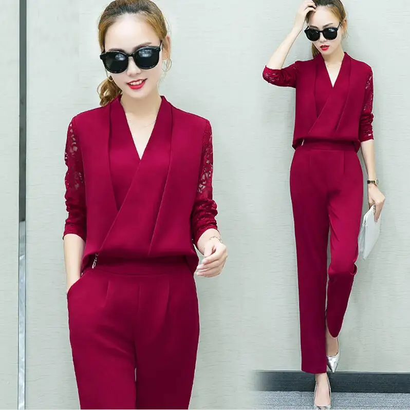 Wine red Модная новинка, Женский комплект 2 шт. костюм, Женская кружевная рабочая одежда с длинным рукавом, брюки, комплект из двух предметов, штаны - Цвет: Wine red