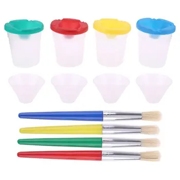 

4 Colors Spill-Proof Paint Canists with Caps and 4 Parts Colors Assorted Children's Paint Brushes set