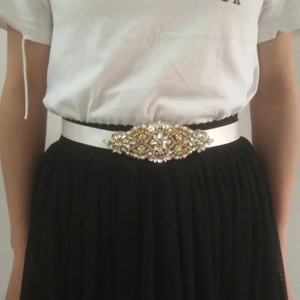 MissRDress Wedding Dress Belt Rhinestones Bridal Sash Crystal Pearls Bridal Belt Gold Wedding Sash Bridal Dress Belt JK850