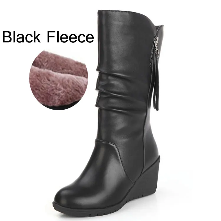 Black fleece HEE GRAND/модные женские ботинки на танкетке; ботинки до середины икры с рюшами; Винтажная обувь из искусственной кожи с боковой молнией; Новинка года; сезон весна; большие размеры 42; XWX7533 - Цвет: Black fleece