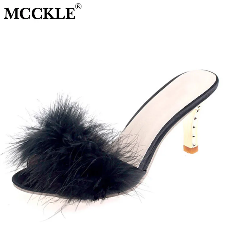 

MCCKLE 2020 Summer Fur Slippers Woman Feather High Heels Ladies Woman Peep Toe Mules Lady Slides Shoes Plus Size New Fashion