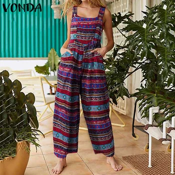 

VONDA Summer Vintage Printed Jumpsuits 2020 Women Sexy Sleeveless Long Pants Casual Loose Bohemian Playsuits S-5XL Overalls