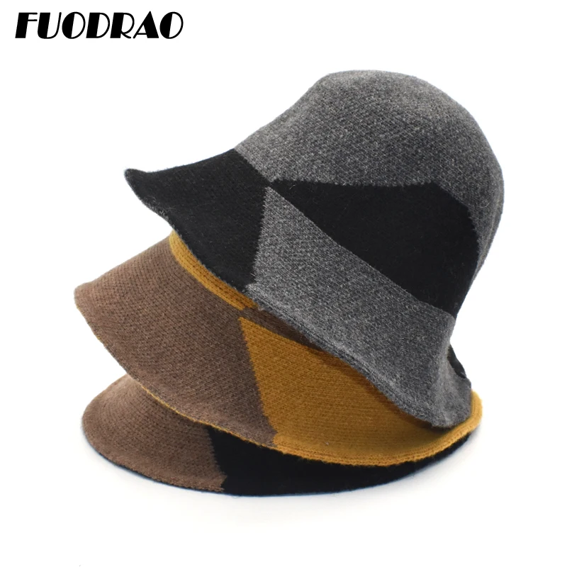 

FUODRAO Autumn Winter Wool Knitting Bucket Hat Women Warm Korean Girl Panama Fisherman Hats Fashion Patchwork Basin Cap M139