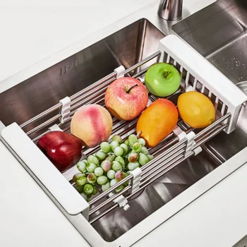 

Adjustable Stainless Steel Kitchen Sink Organizer Drainer Basket Over Sink Drain Tray Dish Vegetable Fruit Drying Rack