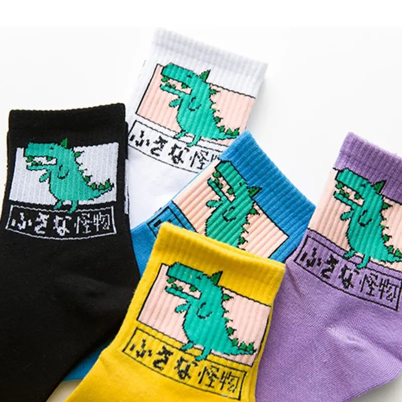 5 пар, женские забавные длинные носки Harajuku с рисунком динозавра, носки скейтборд, новинка