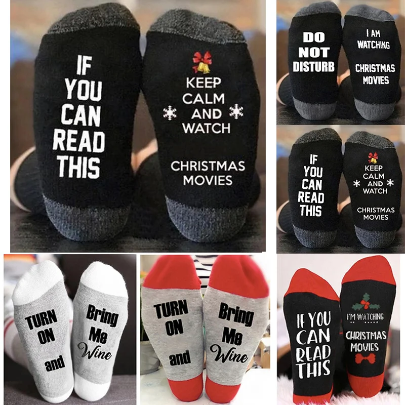 1 Pair Soft Socks Christmas Letters Printed Winter Warm Socks for Women hh88