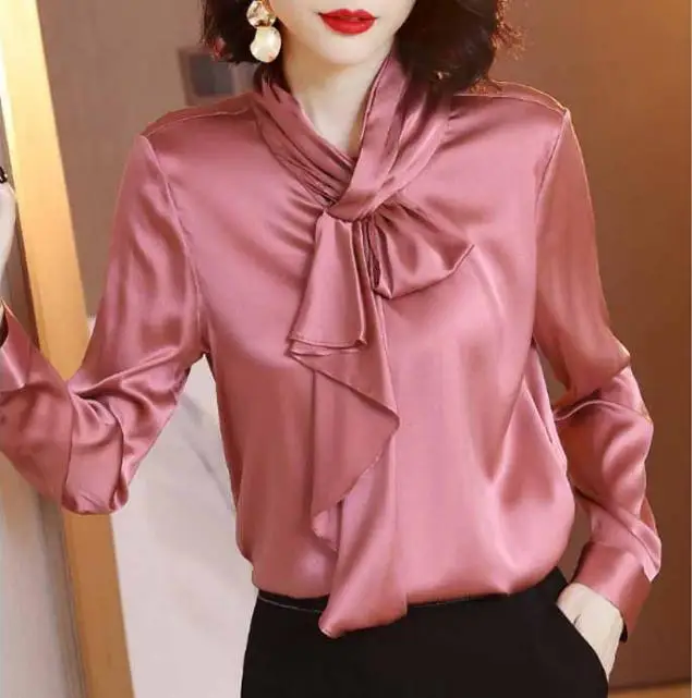 Nagodo/женские рубашки с длинными рукавами,, воротник с оборками, roupa feminina, большие размеры, Офисная Женская шелковая атласная рубашка, свитеры для женщин