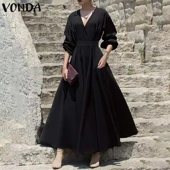 

Black Party Long Maxi Dress VONDA 2020 Summer Sundress Women V Neck Long Lantern Sleeve Bohemian Dress Plus Size Casual Robe
