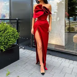 Red Irregular Strapless Long Mermaid Evening Dresses Satin High Side Slit Sleeveless Party Prom Gowns Custom Vestidos De Fiesta