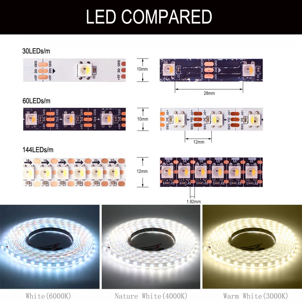 SK6812 RGBW (Similar WS2812B) 4 In 1 Individual Addressable Led Strip CW NW WW 30/60/144 Leds/Pixels/m DC5V