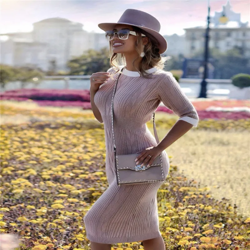 

Vestidos Mujer Real Wool Dress Vadim Cashmere Knit Dress Women's Fashion Waist Long Section Color Matching Bag Hip 2019 New