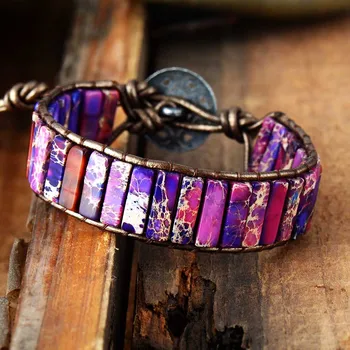 New Women Bracelet Femme Natural Japser Stone Single Leather Wrap Bracelet Beads Bohemia Beach Bracelet Jewelry Dropshipping