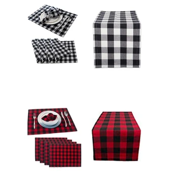 

Buffalo Plaid Placemat Gingham Plaid Check Set 4 Double 30*45cm Cotton Meal and 30x180cm Table Mat Banquet Decoration