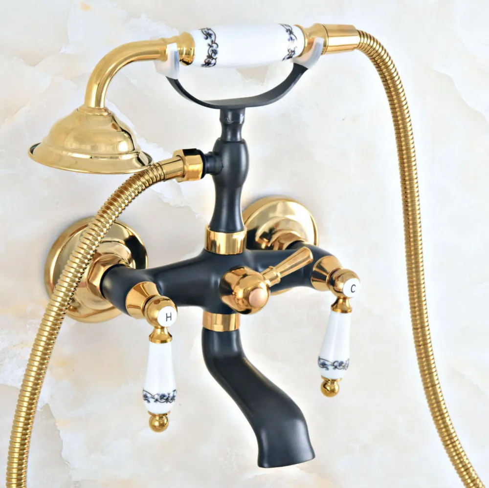 

Black Oil Rubbed & Gold Brass Wall Mounted Bathroom Bath Tub Faucet Set WITH/ 150CM Handheld Shower Spray Head Mixer Tap Dna418