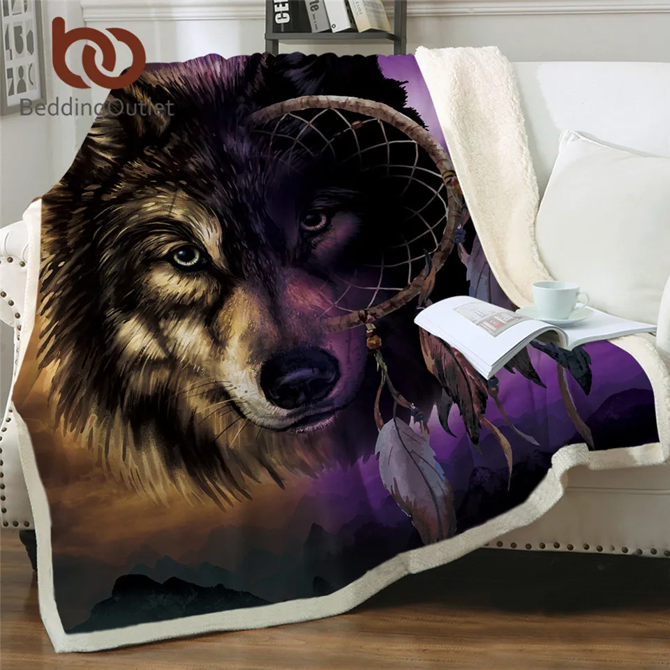 BeddingOutlet Wolf With Dreamcatcher Sherpa Throw Blanket 3D Mountains Scenery Bedspread Purple Brown Plush Blanket 150x200cm