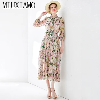 

MIUXIMAO Top Quality 2019 Early Autumn Dress Lily Ptint Long Sleeve Dress Lily Bow Eleghant Casual Long Dress Vestidos