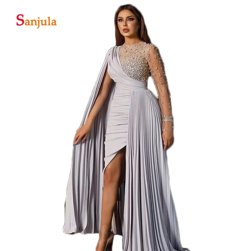 

Sheath Saudi Arabic Evening Dresses Sheer Tulle Long Sleeve Beaded Stunning Formal Party Gowns Leg Slit Pleats Train D1113