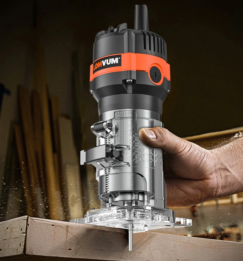 LOMVUM Woodworking Router 220V Milling Machine Electrict Trimmer Wood Cutting Trimming Machine 6.35MM Milling Engraving Slotting