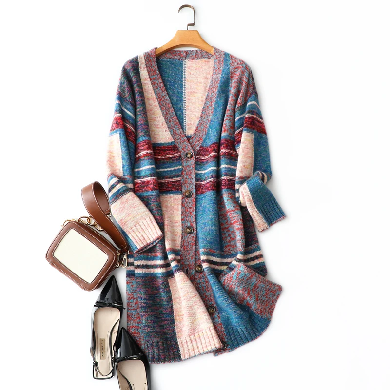 

Long Vintage Cardigan Women 100% Cashmere Vintage Designs Single-breasted Pathwork Long Sleeve Coat Vest New Elegant Style