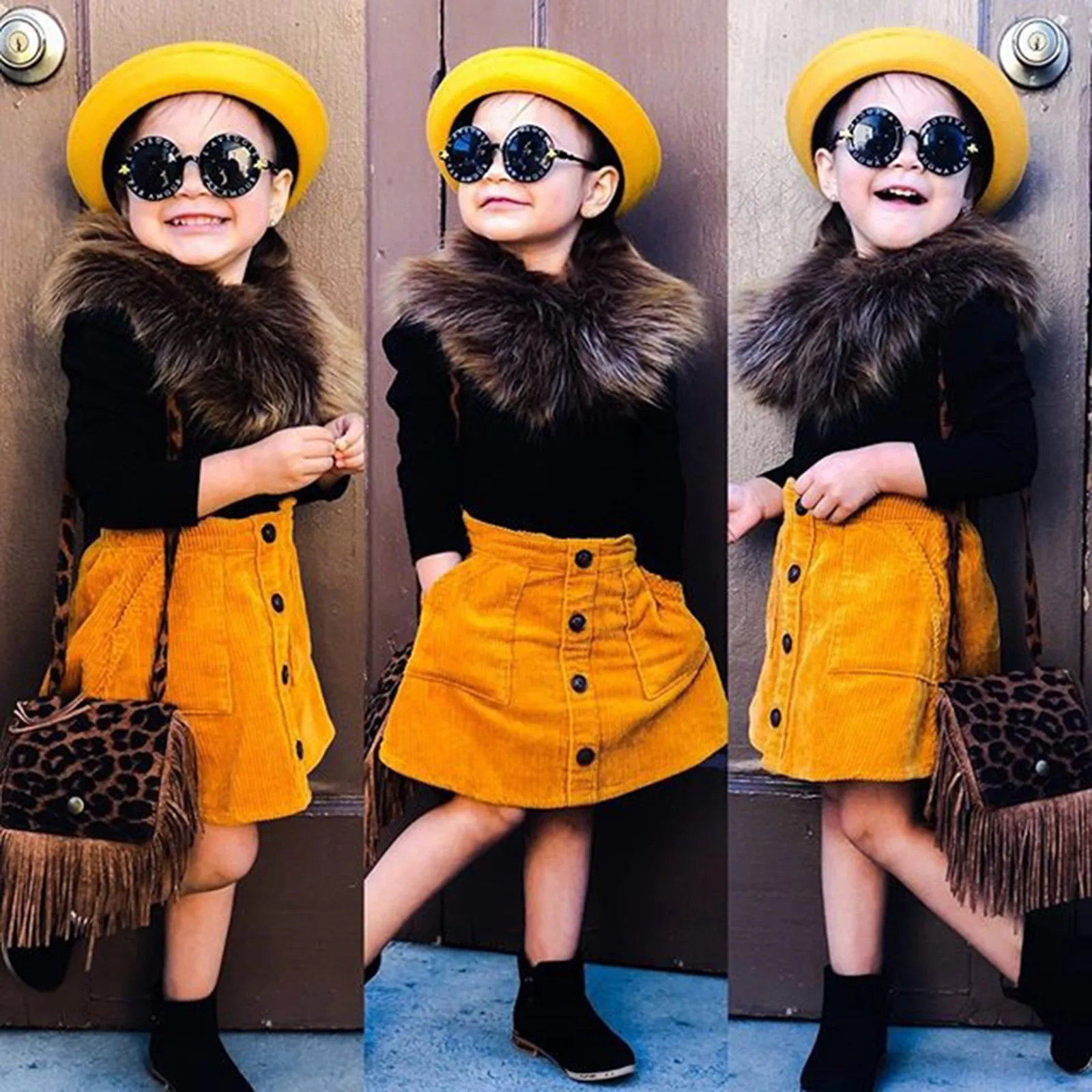 

Kids Clothes Girls Kids Baby Girls Pompon Furry Collar Knit Tops Pocket Corduroy Skirts Autumn Outfits set зимний косм деский